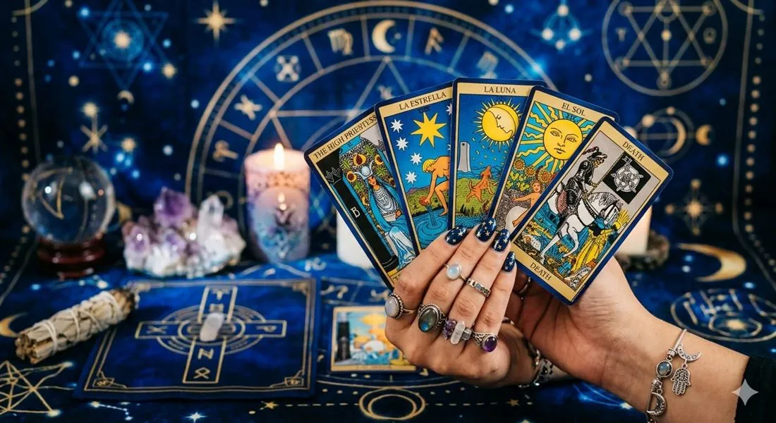Cartas de tarot dispuestas frente a bola de cristal y cuarzos