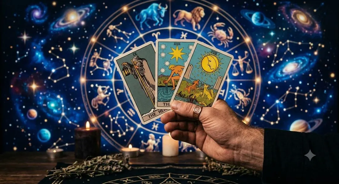 Consulta de tarot bajo el círculo zodiacal, con velas e incienso